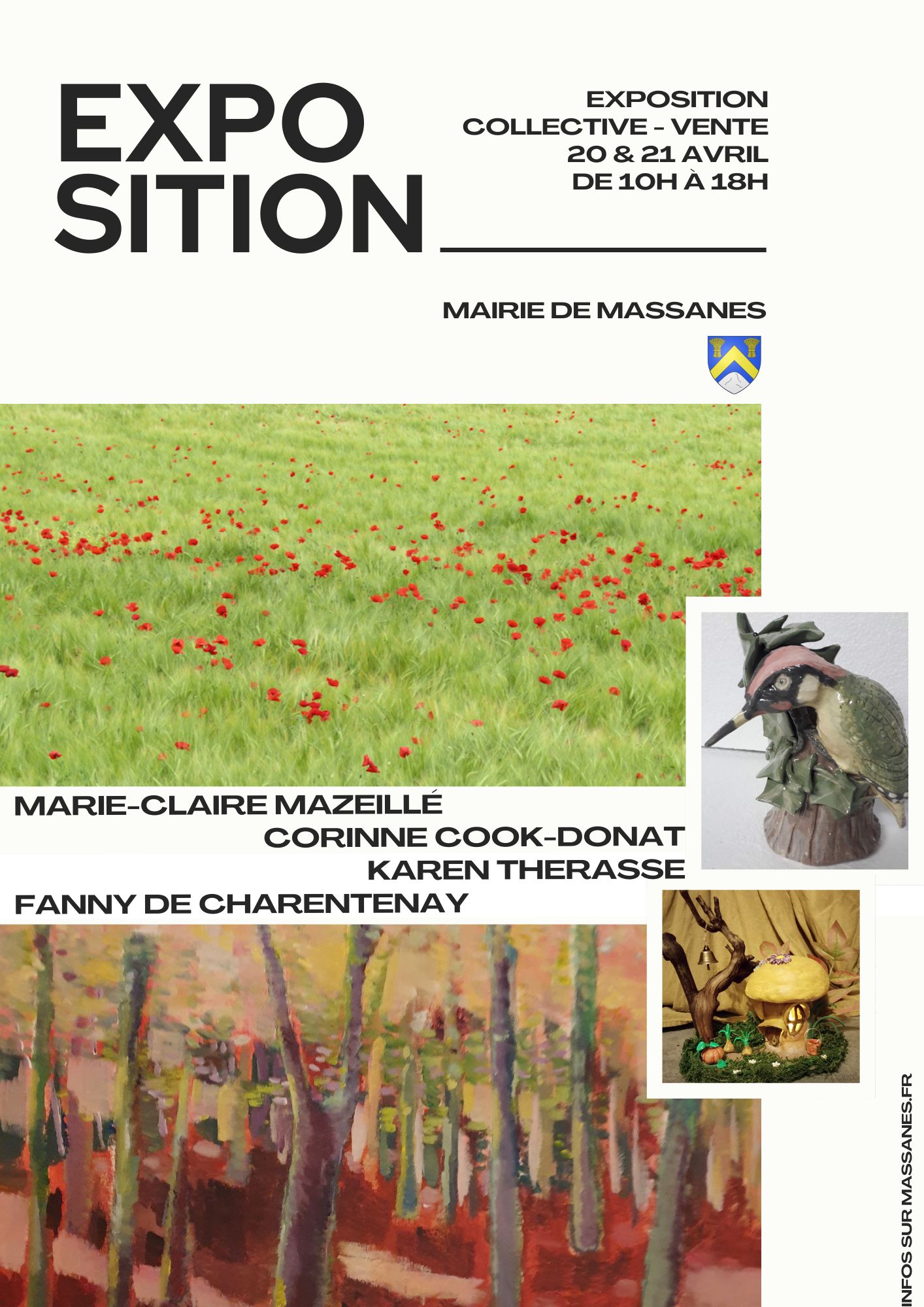 La Mairie de Massanes est fière d’annoncer une exposition artistique collective qui se tiendra durant le week-end de Pâques : le dimanche 20 et lundi 21 avril, de 10h à 18h.