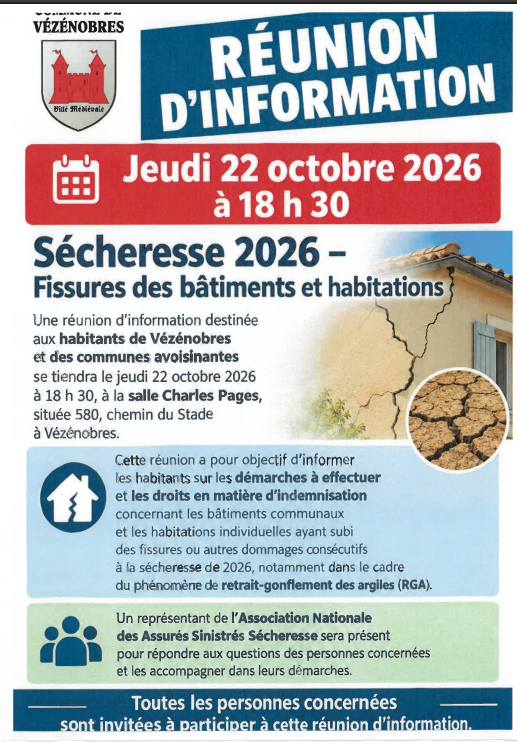 Réunion d’information le 22 octobre : sécheresse 2026, fissures des bâtiments et habitations
